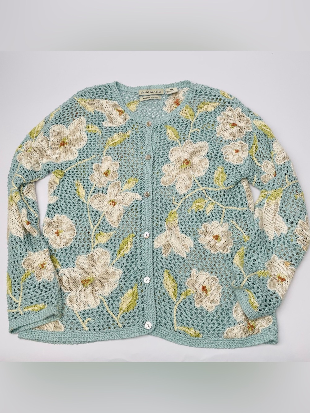 Vintage David Brooks Hand-Knitted Open-Weave Floral Cardigan Linen & Silk Blend - Picture 2 of 8